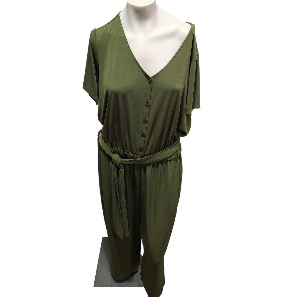 Susan Graver Olive Green Jumpsuit 1X Plus V Neck Tie Waist Stretch